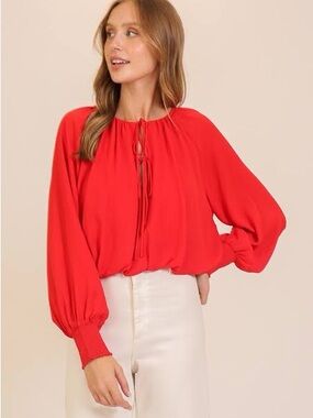 Anthropologie Red Tie-Neck Balloon Sleeve Blouse